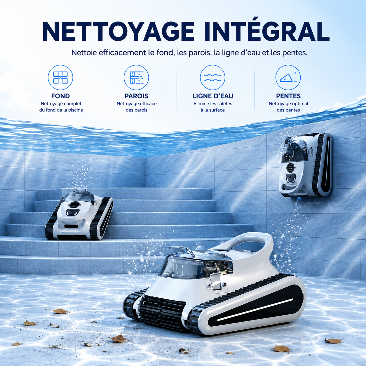 Robot aspirateur piscine sans fil – Fond, parois et débris visibles – Image 2