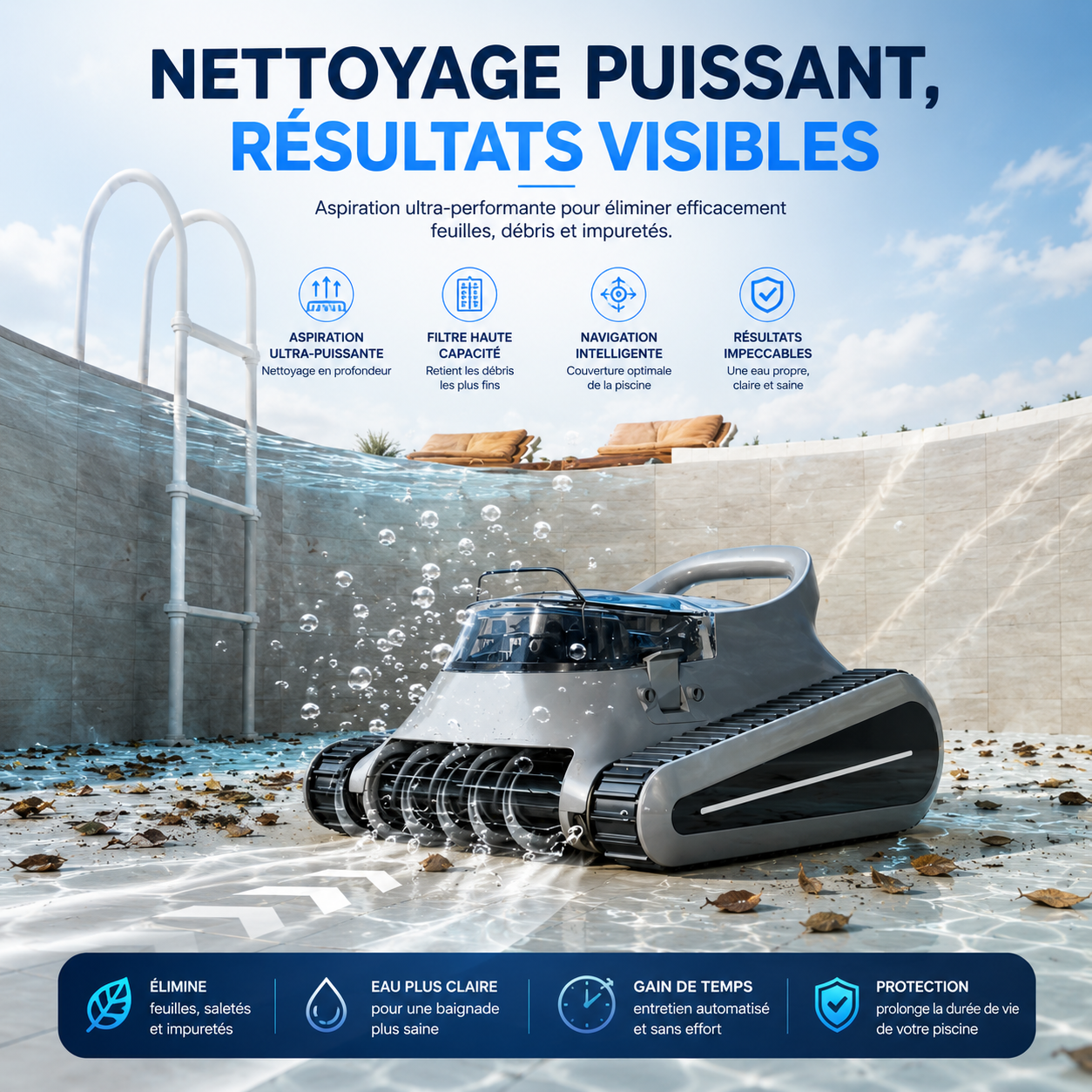Robot aspirateur piscine sans fil – Fond, parois et débris visibles – Image 3
