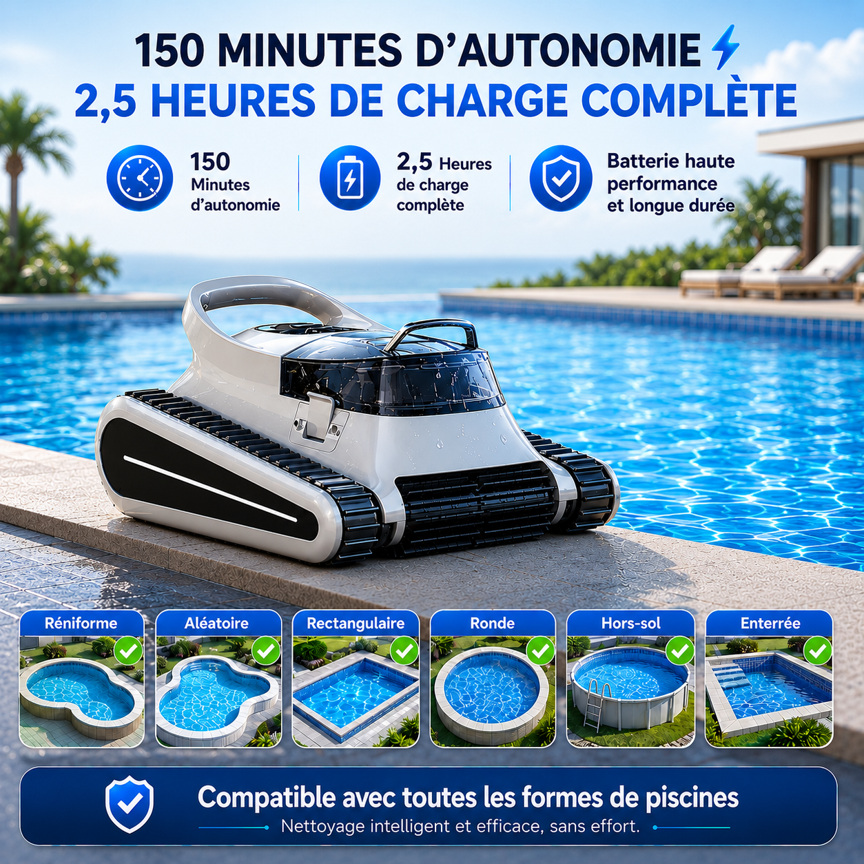 Robot aspirateur piscine sans fil – Fond, parois et débris visibles – Image 5