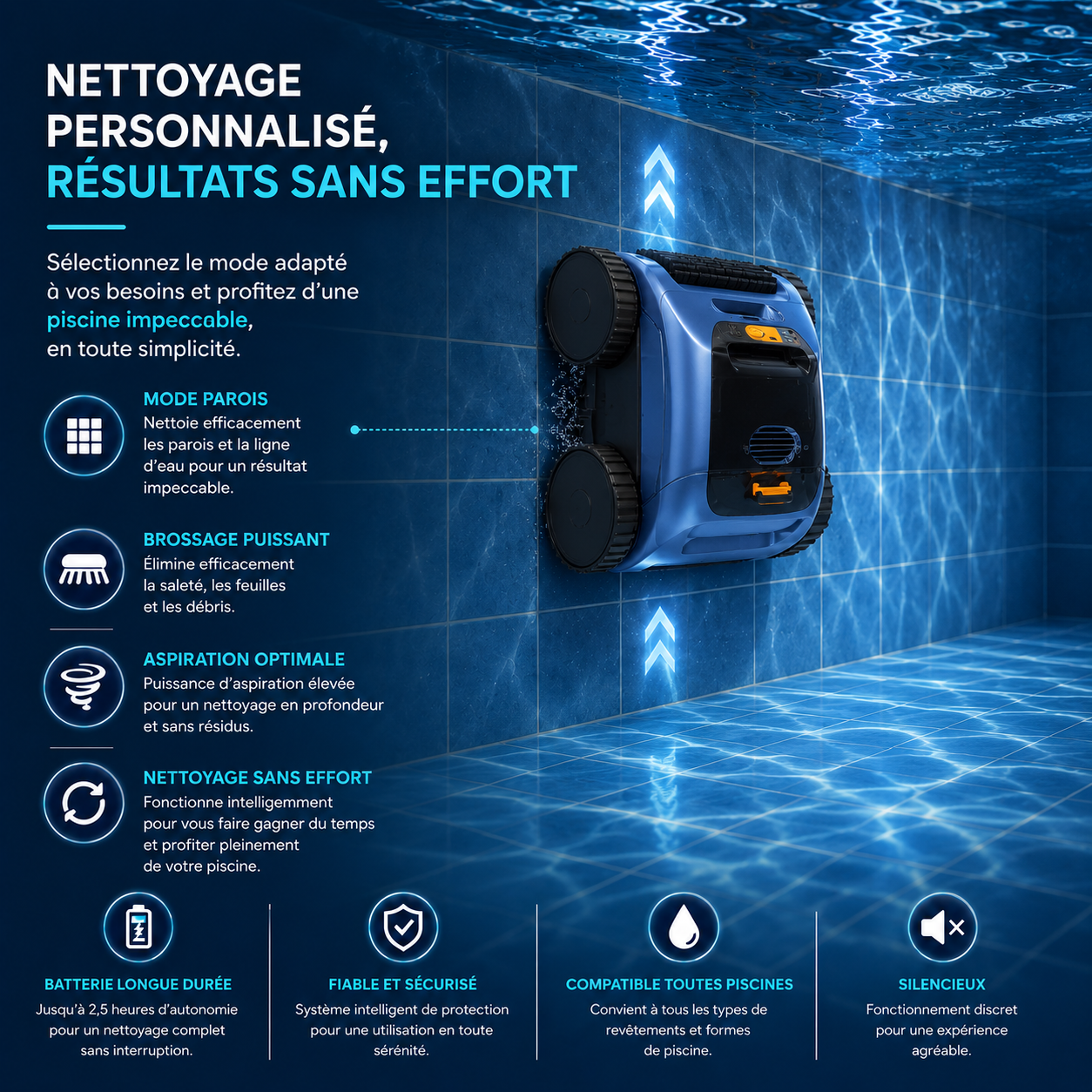 Robot aspirateur piscine sans fil – Nettoyage fond, parois et débris – Image 5