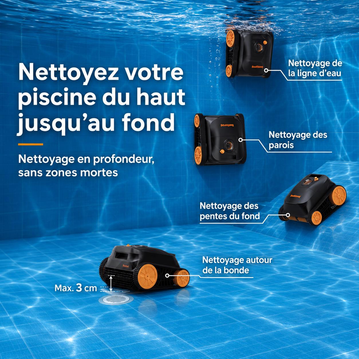 Robot aspirateur piscine sans fil – Fond, parois et ligne d’eau – Image 4