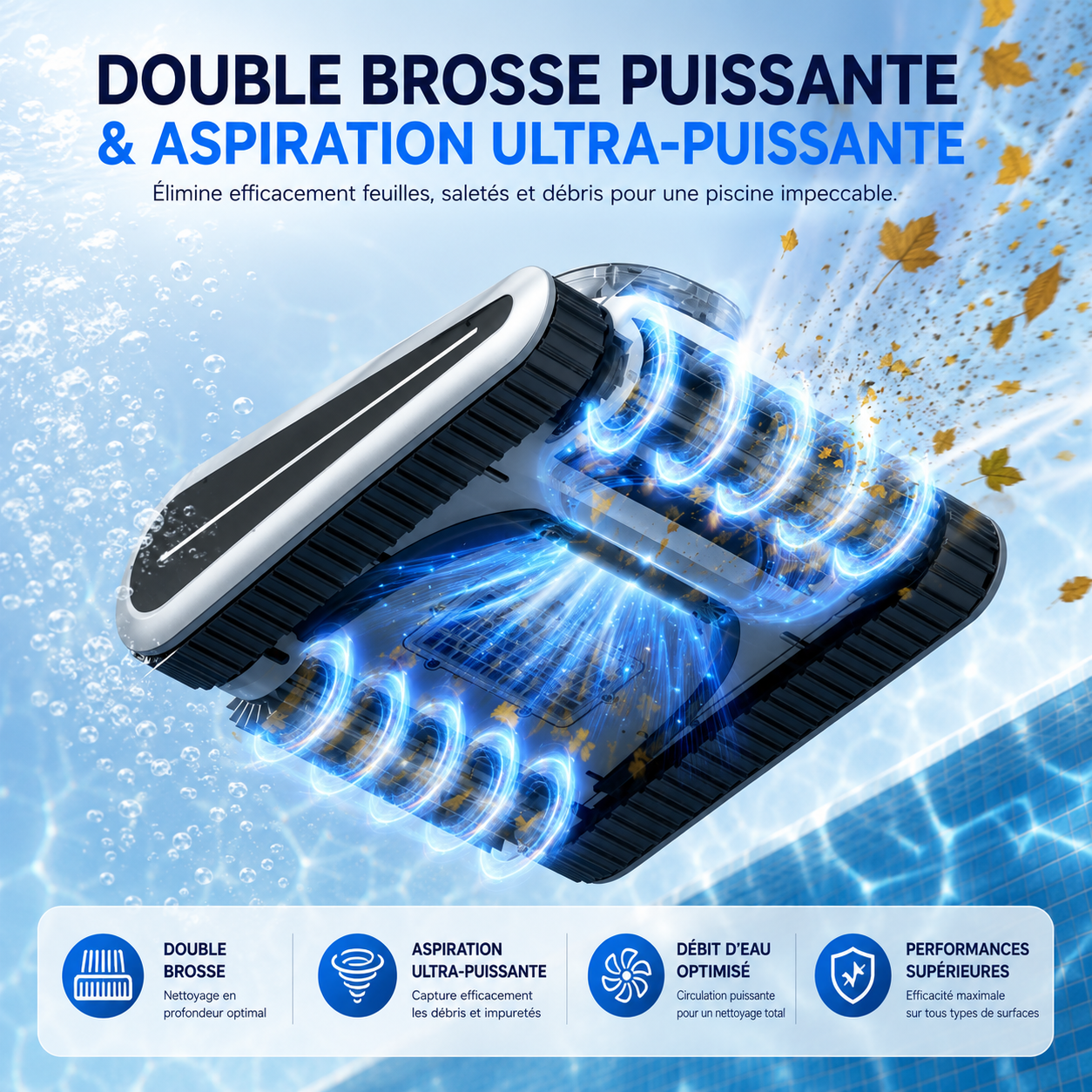 Robot aspirateur piscine sans fil – Fond, parois et débris visibles – Image 4